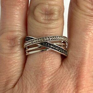 Sterling Silver 925 Black White Diamond Crossover Multi Band Ring Sz 6.5